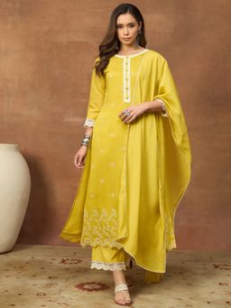 INDDUS - Women Mustard Chanderi Embroidered Kurta with Pant and Dupatta