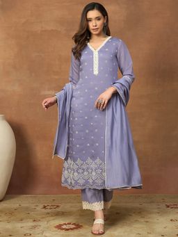 INDDUS - Women Lavender Chanderi Embroidered Kurta with Pant and Dupatta