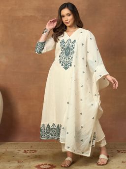 INDDUS - Women Off White Kota Embroidered Kurta with Trouser and Dupatta