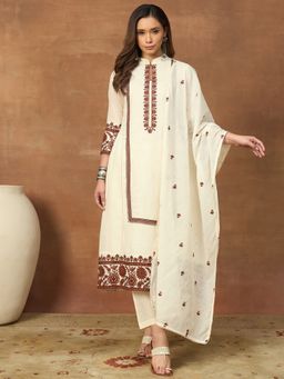INDDUS - Women Off White Kota Embroidered Kurta with Trouser and Dupatta