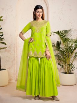 INDDUS - Women Green Georgette Embroidered Kurta with Sharara and Dupatta