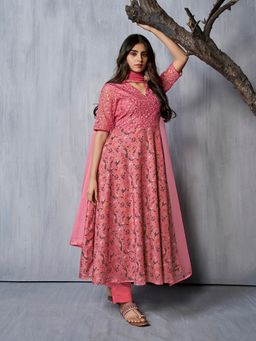 INDDUS - Women Peach Organza Embroidered Kurta with Pant and Dupatta