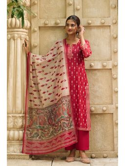 Ekana Label - Women Red Kumkum Ikkat Madhubani Cotton Silk Kurta with Pant and Dupatta