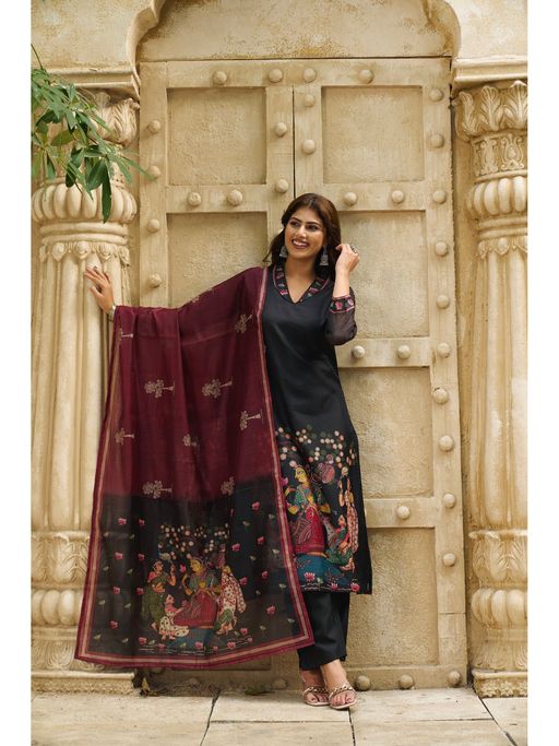 Ekana Label Women Black Mehkaar Pichwai Cotton Silk Kurta with Pant and Dupatta