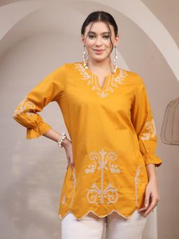 Nayam by lakshita - Mustard Women Embroidered A-line Cotton Tunic