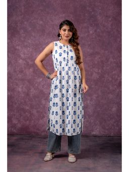 Juniper - White Indigo Leaf Printed Sleeveless Long Kurta
