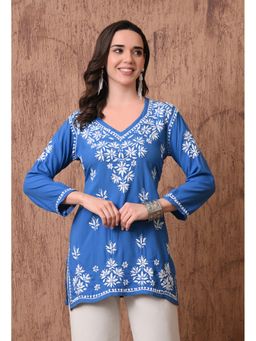 SYRISH - Blue Elegant Hand-Embroidered Chikankari Floral Lucknowi Kurti