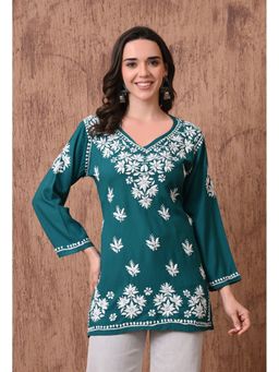 SYRISH - Teal Elegant Hand-Embroidered Chikankari Floral Lucknowi Kurti
