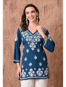 SYRISH - Blue Elegant Hand-Embroidered Chikankari Floral Lucknowi Kurti
