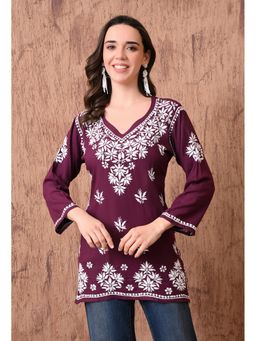 SYRISH - Wine Elegant Hand-Embroidered Chikankari Floral Lucknowi Kurti