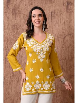 SYRISH - Yellow Elegant Hand-Embroidered Chikankari Floral Lucknowi Kurti