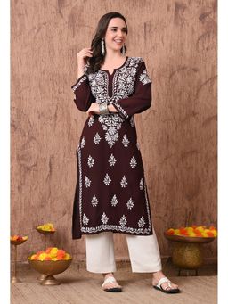 SYRISH - Women Brown Hand Embroidered Chikankari Rayon Straight Kurta