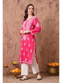SYRISH - Women Pink Hand Embroidered Chikankari Rayon Straight Kurta