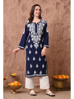 SYRISH - Women Navy Blue Hand Embroidered Chikankari Rayon Straight Kurta
