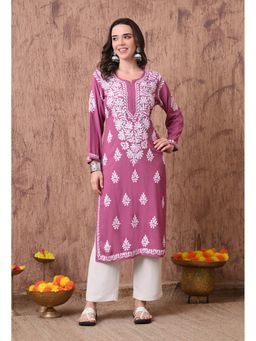 SYRISH - Women Onion Pink Hand Embroidered Chikankari Rayon Straight Kurta