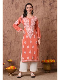 SYRISH - Women Peach Hand Embroidered Chikankari Rayon Straight Kurta