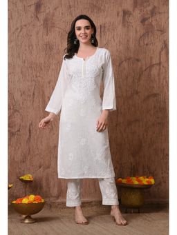 SYRISH - White Hand Embroidered Chikankari Linen Cotton Kurta