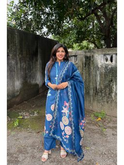 Ekana Label - Women Blue Denim Cotton Kurta with Pant and Dupatta