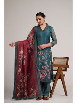 Ekana Label - Women Teal Twilight Cotton Silk Kurta with Pant and Dupatta