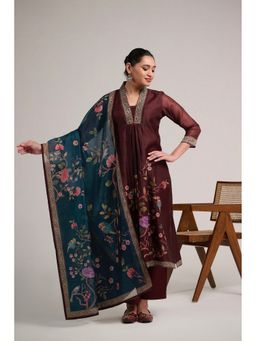 Ekana Label - Women Maroon Komal Khwab Cotton Silk Kurta with Pant and Dupatta