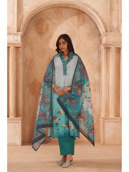Ekana Label - Women Blue Sky Bloom Linen Kurta with Pant and Dupatta