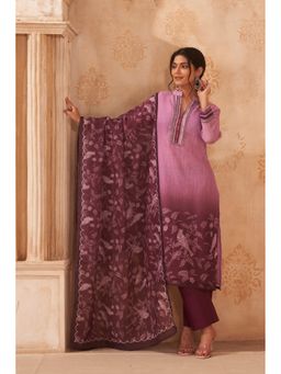 Ekana Label - Women Pink Dusky Leaves Linen Kurta with Pant and Dupatta