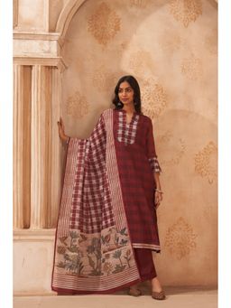 Ekana Label - Women Maroon Calm Checks Linen Kurta with Pant and Dupatta