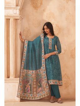Ekana Label - Women Teal Petal Peace Linen Kurta with Pant and Dupatta