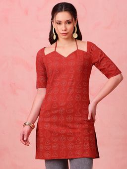 Vbuyz - Women Maroon Geometric Straight Cotton Stitched Kurti