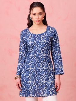Vbuyz - Women Indigo Print Straight Cotton Stitched Kurti