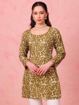 Vbuyz - Women Mehendi Green Print Straight Cotton Stitched Kurti