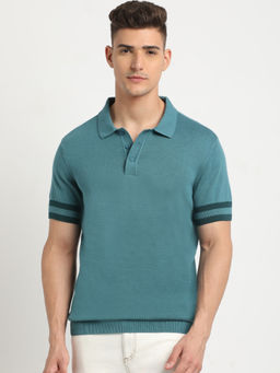 The Bear House - Men Blue Solid Regular Fit Polo Collar T-Shirt