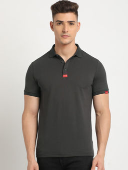 The Bear House - Men Grey Solid Slim Fit Polo Collar T-Shirt