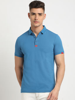 The Bear House - Men Blue Solid Slim Fit Polo Collar T-Shirt