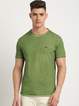 The Bear House - Men Green Self Design Slim Fit Round Neck T-Shirt