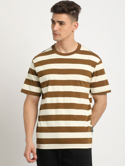 The Bear House - Men Brown Striped Relaxed Fit Round Neck T-Shirt
