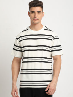 The Bear House - Men White Striped Relaxed Fit Round Neck T-Shirt