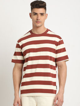 The Bear House - Men Beige Striped Relaxed Fit Round Neck T-Shirt
