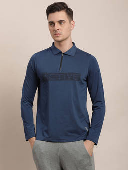 Turtle - Men's Poly Spandex Melange Blue Solid Slim Fit Polo T-Shirt