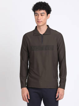 Turtle - Men's Poly Spandex Melange Brown Solid Slim Fit Polo T-Shirt