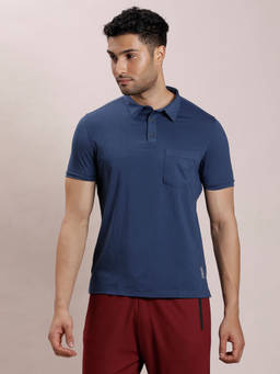 Turtle - Men's Poly Spandex Melange Blue Solid Slim Fit Polo T-Shirt