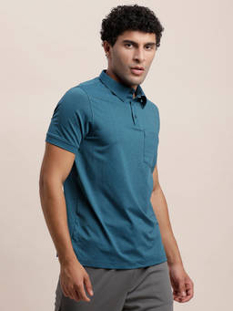 Turtle - Men's Poly Spandex Melange Teal Solid Slim Fit Polo T-Shirt