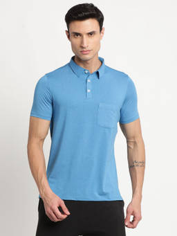 Turtle - Men's Poly Spandex Melange Blue Solid Slim Fit Polo T-Shirt