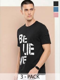 Alcis - Multi Colour Men Blue Chest Printed Tshirt (Pack of 3)