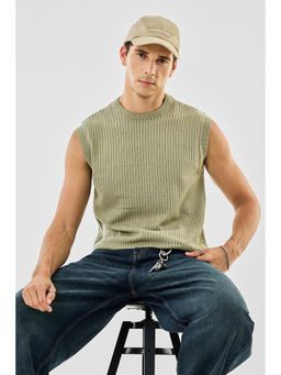 Snitch - Olive Ribbed Sleeveless Regular Casual T-Shirt