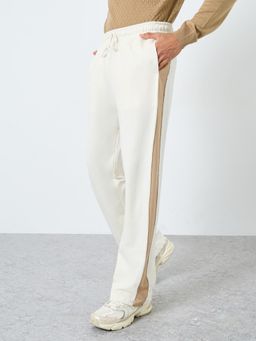 Styli - Cream Men's Oversize Size Contrast Panel Terry Pant with Raw Seam