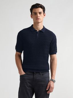 Arrow Newyork - Men's Navy Blue Textured Relaxed Fit Polo T-Shirt
