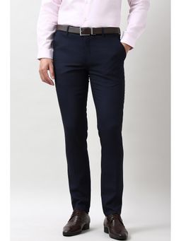 Peter England - Men's Navy Blue Textured Formal Trousers