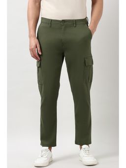 Peter England - Men's Olive Solid Comfort Fit Casual Trousers