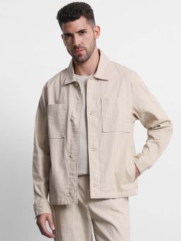 Mufti - Beige Stripes Full Sleeves Casual Jacket